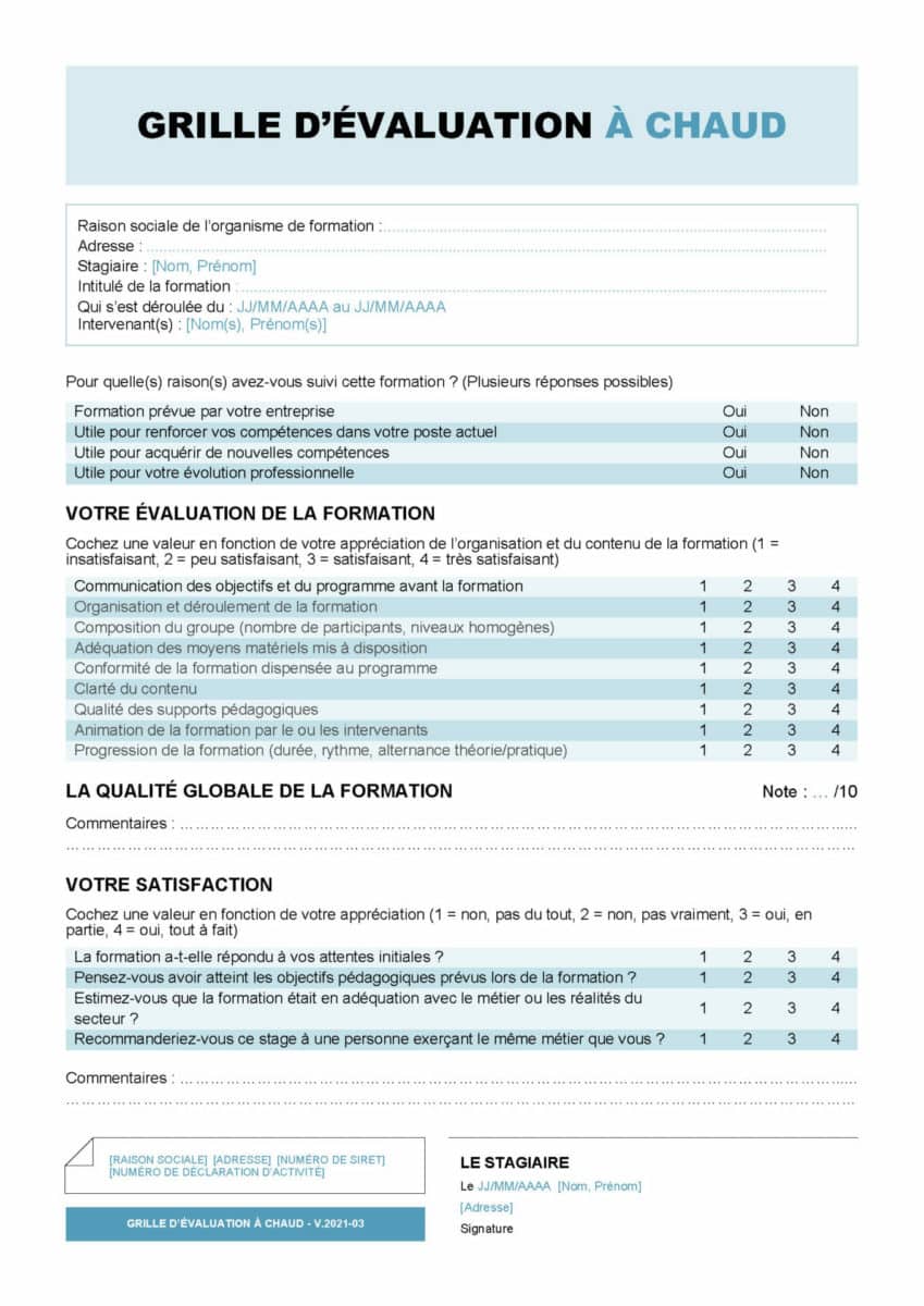 grille evaluation a chaud