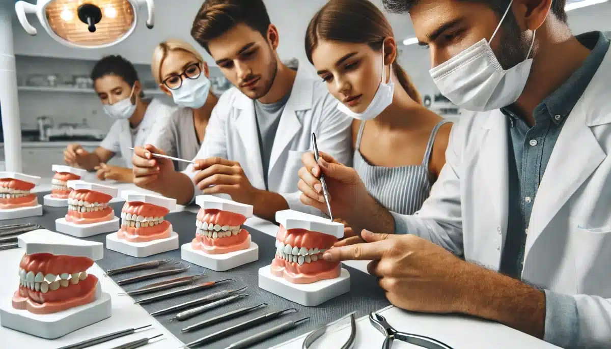 Des denturistes en formation pratique, travaillant sur des modèles dentaires sous la supervision de formateurs qualifié. L'image montre des outils spécifiques et des prothèses en cours de fabrication, illustrant le savoir-faire acquis lors de la formation.