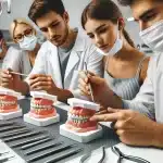 Des denturistes en formation pratique, travaillant sur des modèles dentaires sous la supervision de formateurs qualifié. L'image montre des outils spécifiques et des prothèses en cours de fabrication, illustrant le savoir-faire acquis lors de la formation.