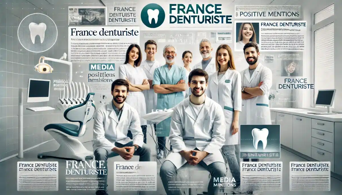 Ils parlent de nous : Équipe de denturistes professionnels de France Denturiste avec articles de presse et logos de médias en arrière-plan.