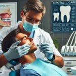 Accueil 2 Un denturiste professionnel traitant un patient dans un cabinet dentaire moderne, avec des outils dentaires visibles et une affiche informative en arrière-plan.