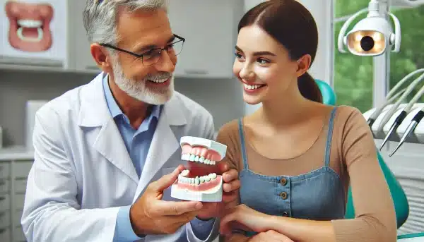 denturiste fournissant des informations sur une prothèse dentaire à un patient