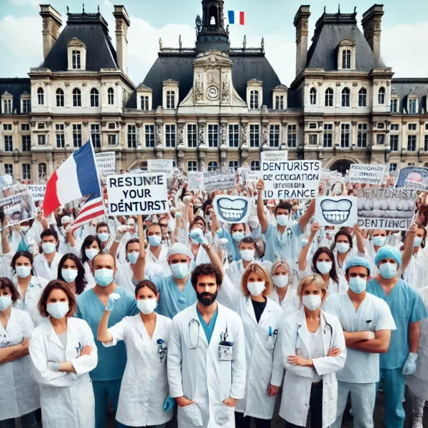 Des denturistes en tenue professionnelle manifestant pacifiquement devant un bâtiment gouvernemental avec des pancartes appelant à la reconnaissance et à l'amélioration des soins dentaires.