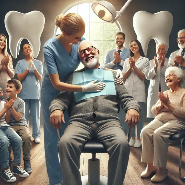 Devenir denturiste en France Un denturiste aidant une personne âgée à ajuster sa prothèse dentaire, entourée de visages souriants et reconnaissants de patients divers.