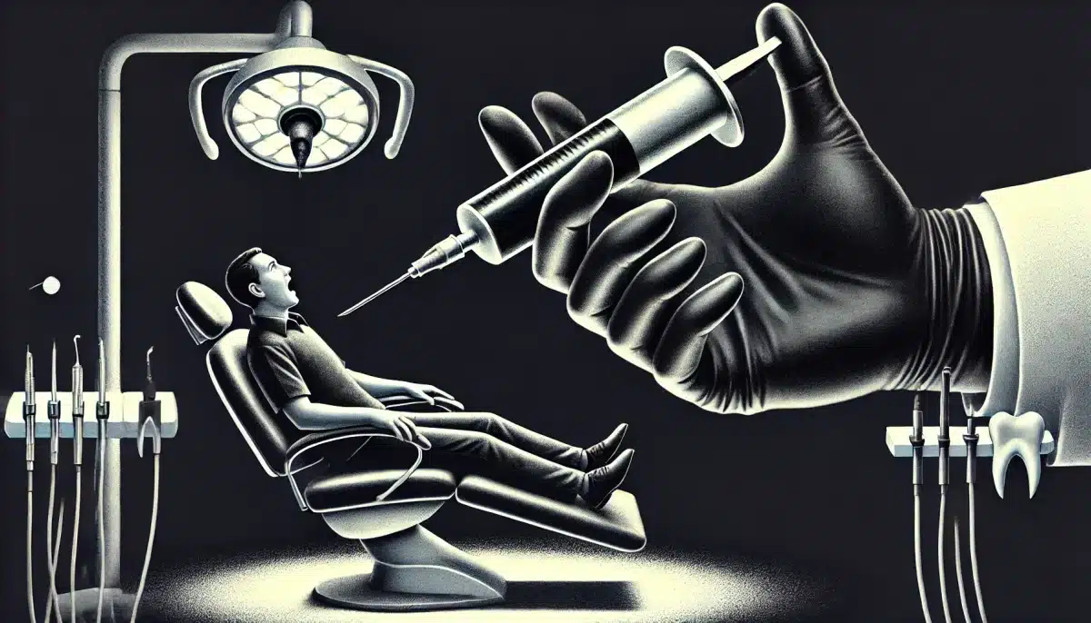 Illustration montrant une main sombre et menaçante tenant une seringue géante, plongeant vers un patient vulnérable allongé sur une chaise dentaire, symbolisant le danger et la manipulation par le lobby dentaire.