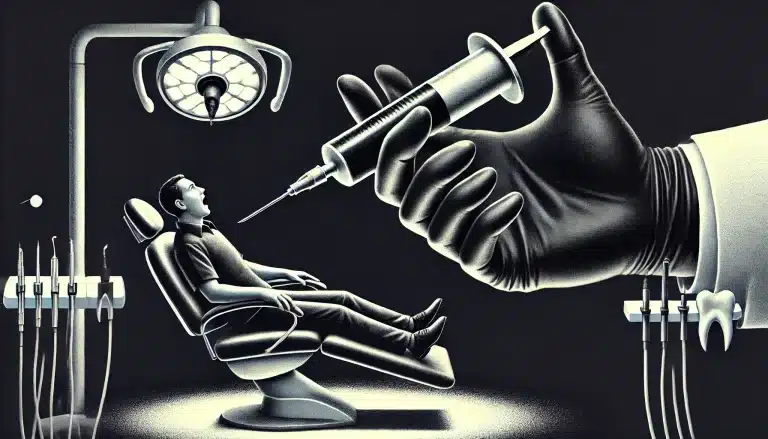 Illustration montrant une main sombre et menaçante tenant une seringue géante, plongeant vers un patient vulnérable allongé sur une chaise dentaire, symbolisant le danger et la manipulation par le lobby dentaire.