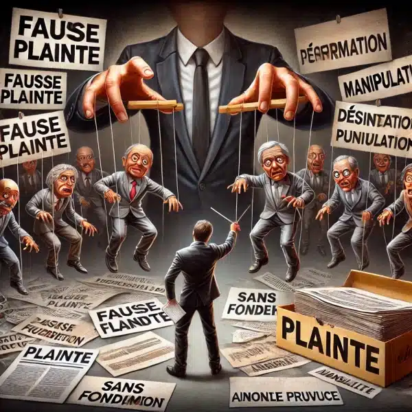 Un marionnettiste manipulateur contrôlant des marionnettes de journalistes et de figures d'autorité, avec un dossier de plainte vide en arrière-plan, symbolisant la fausse médiatisation.