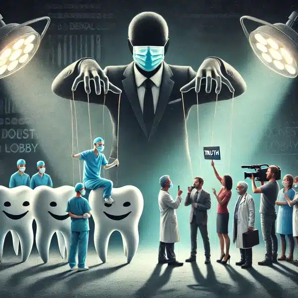 Un montage montrant un marionnettiste manipulant des figures représentant des dentistes et des journalistes, à côté de professionnels de santé dentaire honnêtes tentant de révéler la vérité.
