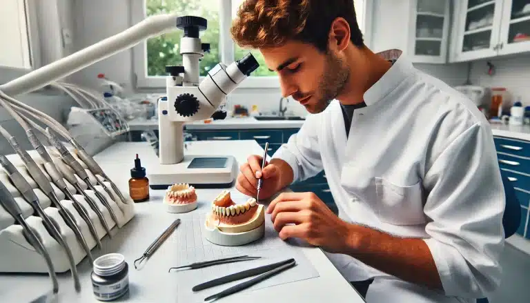 Prothésiste dentaire travaillant dans un laboratoire français